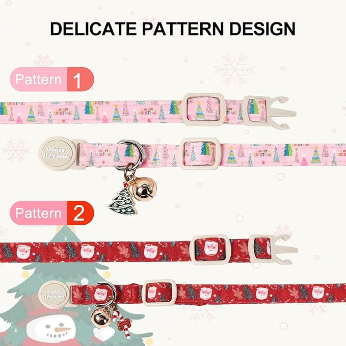 Christmas Cat Collar,Unique Style Paws Kitten Collars,Cute Cats Collar with Bell,Adjustable Kitten Collar Breakaway Buckle with Santa Claus,Christmas Tree Pattern,Ideal Gift for Boy Girl Cats