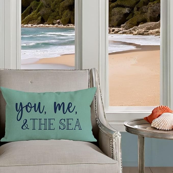 PANDICORN Summer Beach Throw Pillow Cover 12x20 Inch Blue Words You Me and The Sea Ocean Sea Coastal Aqua Outdoor Decorations Lumbar Decorative Cushion Case for Sofa Couch Home Living Room Decor