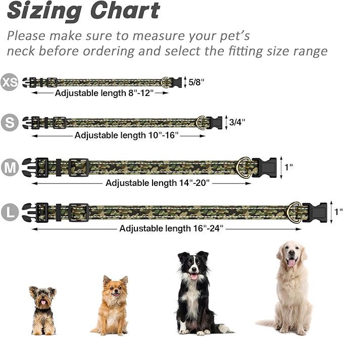 MOODEL Reflective Dog Collar for Medium Dogs, Cute Camouflage Adjustable Heavy-Duty Nylon Puppy Collar for Boy and Girl Female, Soft Pet Accessories with Quick Release Buckle, Green
