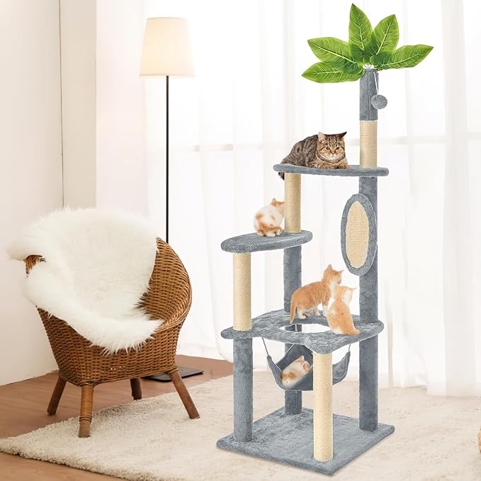 Cat Tree for Indoor Cats, 55 Inch Cat Tower with Rotating Scratching Board, 4 Sisal Posts & Leaf Top Design, Modern Cat Furniture for Multiple Cats (No House), Grey