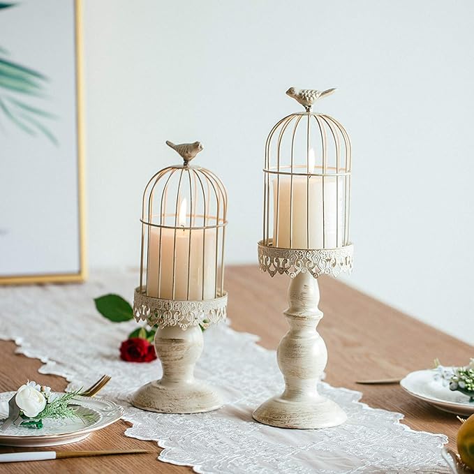 Birdcage Candle Holder Decorative Bird Cages for Weddings Vintage Candlestick Holders Wedding Candle Centerpieces for Tables Iron Candleholder Set Home Decor Distressed Ivory