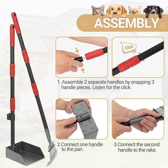 Heeyoo Dog Pooper Scooper, Dog Poop Tray and Rake Set, Pet Waste Removal Scoop with Long Adjustable Sectional Stainless Handles