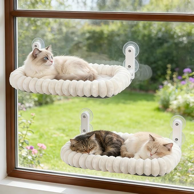 2PC Cat Window Perch with Bolster Foldable Cat Hammock Cushion Bed for Window with Metal Frame, Cloud-Cuddle Cordless Window Resting Seat for Indoor Cats (Cushion Bed, White-L)