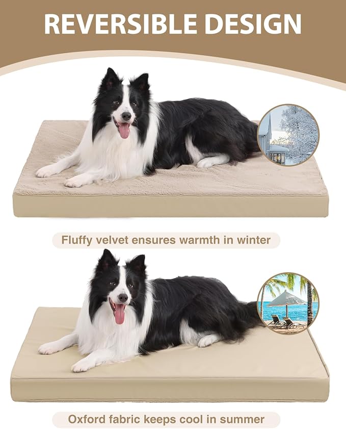 KSIIA Orthopedic Dog Bed Crate Waterproof Pet Mats for Large Dogs Deluxe Plush Washable Pet Bed with Egg Crate Foam & Removable Cover, 41 x 27 Inch, Khaki