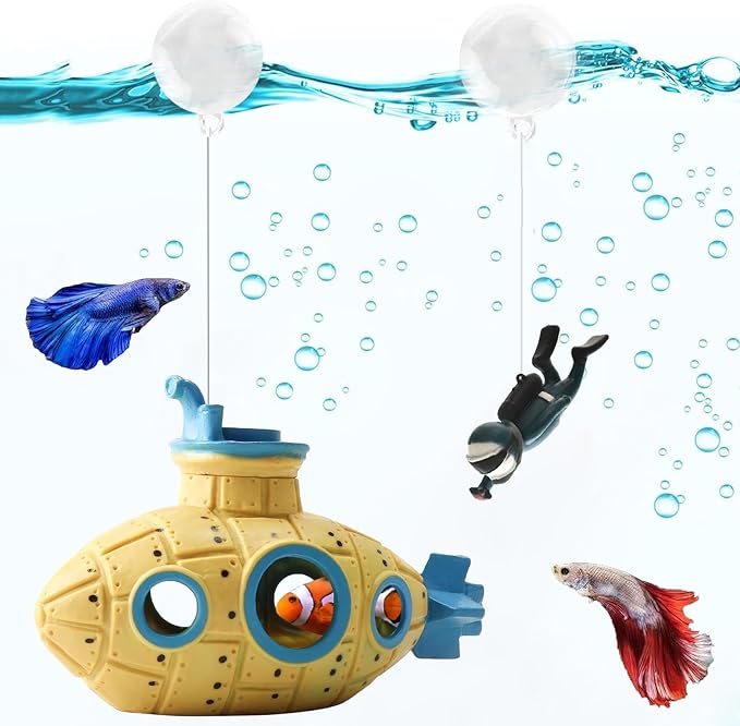 Floating Fish Tank Decoration, LittleCute Retro Submarine AquariumDecoration with Two Float Balls,Resinous Fish Tank Accessorie