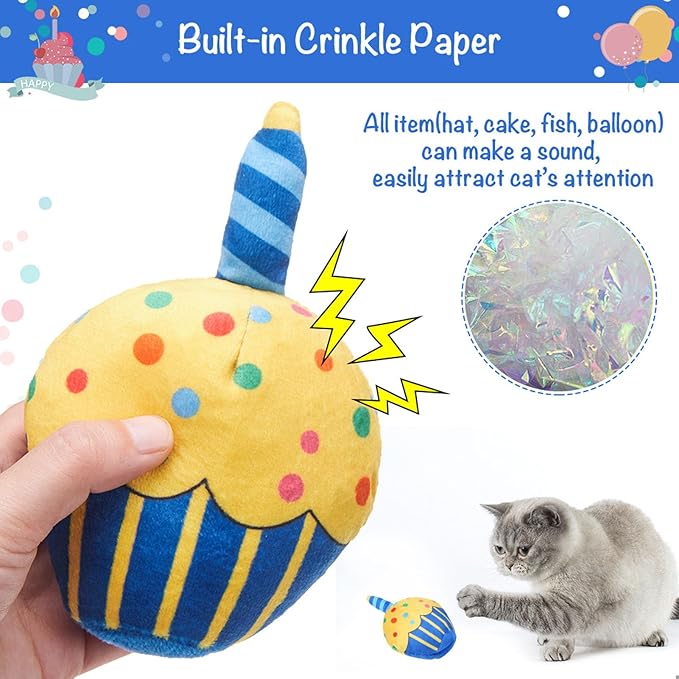 BINGPET Cat Birthday Catnip Toys for Indoor Cats, 5 Pcs Cat Birthday Gift Kitten Interactive Toy for Boy Girl Cats, Soft Plush Catmint Kitty Chew Kick Toy, Hat, Bandana, Balloon, Cake, Fish, Dark Blue