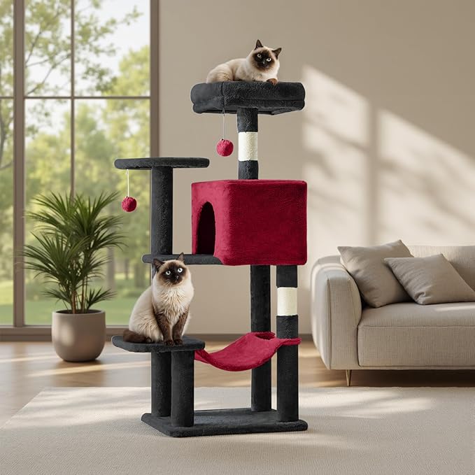 Sweetcrispy 44 Inch Cat Tree Tower, Cat Climbing Tower with Natural Sisal Scratching Posts, Hammock, Pet Condo for Indoor Cats and Kittens Play, Black and Red