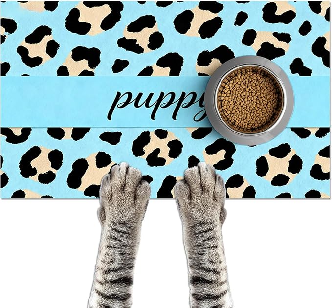 Puppy Feeding Mat 24x16 inch Blue Leopard Print Pet Bowl Placemat Non Slip Floor Mat for Food and Water Indoor Dog Feeding Station Cute Meal Pad for Small Pets Kitchen Use