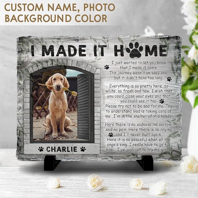 Personalized Polychromatic Rock Plaque: 'I Made It Home' - Memorial Stone Gifts for Loss of Your Beloved Pet, Sentimental Dog and Cat Grave Markers in Our Hearts, House Decoration