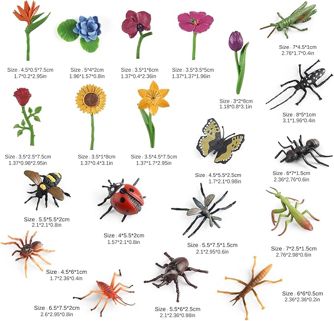 20Pcs Insect Toy Fake Plastic Bugs Figures for Kids - Flower Ladybug Bee Butterfly Ant Cricket Mantis Scorpion Spider School Project Birthday Cake Topper Party Favors April Fool's Day Prank Gifts