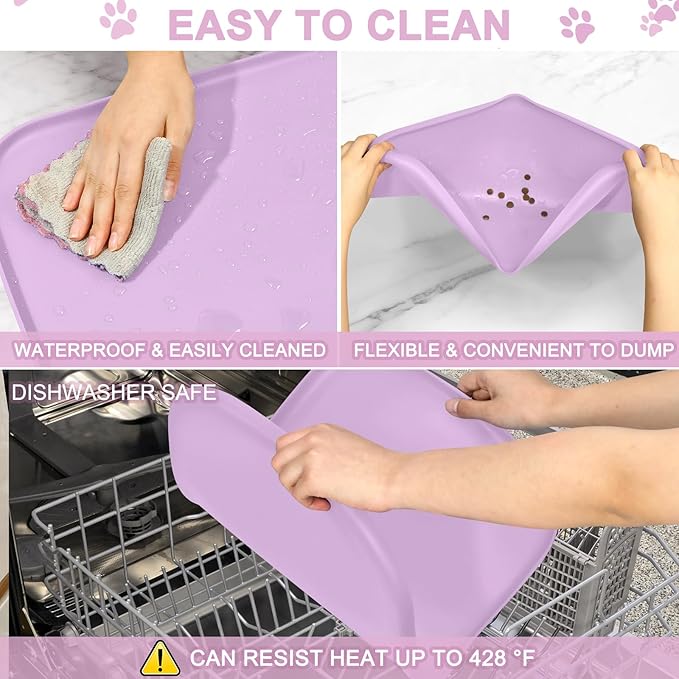 Silicone Pet Food Mat with Raised Edge for Food and Water Bowl, Dog Feeding Mats, Cat Food Trays for Floor Waterproof, Rubber Tray for Dogs and Cats, 24 x 16 x 0.8 Lavender