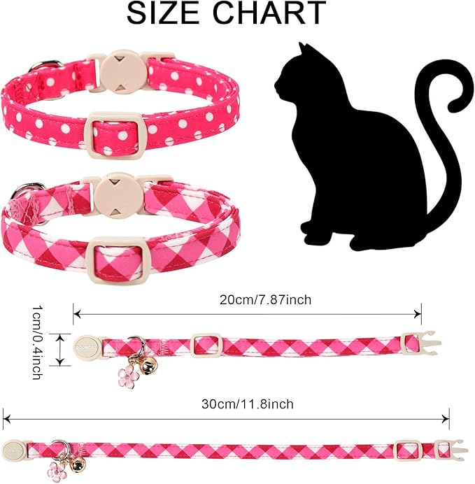 Cat Collar,2 Pack Cute Cat Collars Breakaway with Bell- Safety Buckle Pink Plaid Cat Collar for Girl Cats and Small Dogs，Adjustable 7-12 Inch,Pet Supplies Accessories