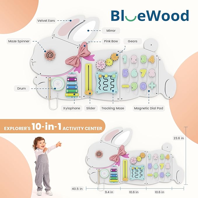 BlueWood Wooden Wall Busy Board Panels, Toddler Learning Activity Center, Montessori Philosophy Sensory, Educational Toys, Conducive to All-Round Development - Rabbit