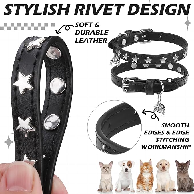 EXPAWLORER Halloween Leather Cat Collar - Adjustable Pet Collar with Rivet Spike for Girl Boy Cats, Punk Accessories with Bell & Durable D-Ring,Silver Pentagram