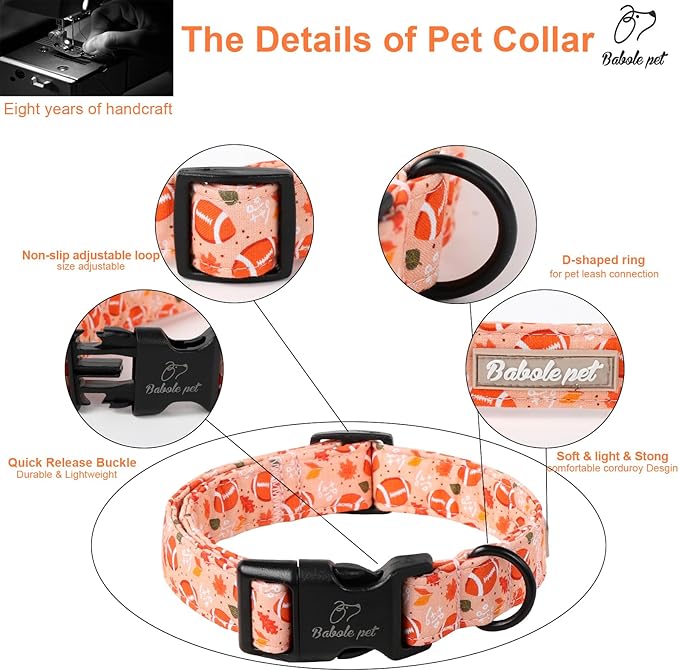 Fall Dog Collar, Cute Football Pattern Puppy Collar, Orange Adjustable Cotton Holiday Tanksgiving Dog Collars for Small Medium Large Boy&Girl Dogs XL