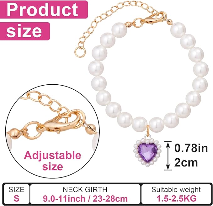 2pcs Cat Dog Pearl Collar, Small Heart Shape Rhinestone Pet Necklace, Adjustable Wedding Party Pet Jewelry Accessories for Puppy Small Cats- Purple & Red