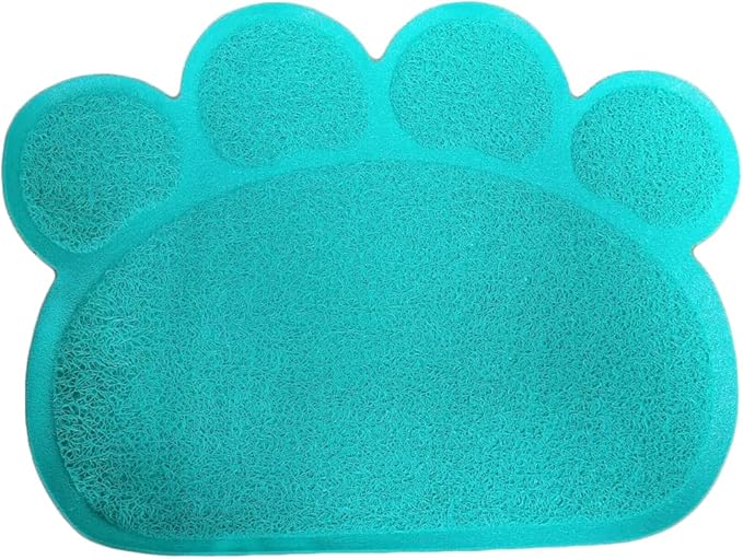 PVC Pet Dog Cat Puppy Kitten Dish Bowl Food Water Feeding Placemat, Non-Slip Cat Litter Mat Paw Shape, Blue Large