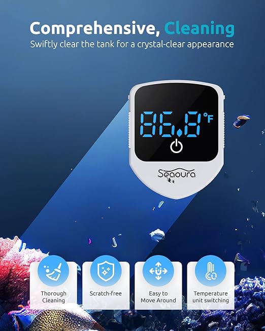SEAOURA 2-in-1 Aquarium Magnetic Cleaner with Digital Aquariums Thermometer, Fish Mini Magnets Brush only for Glass Tank,Tiny Magnet Floating Cleaning Tool for 1-30 Gallons