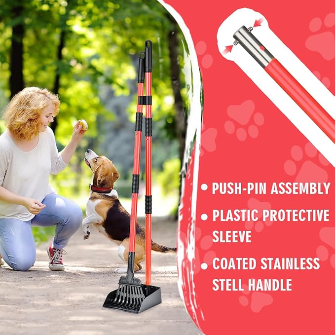 MXF Pooper Scooper, Dog Pooper Scooper Long Handle Stainless Metal Tray and Rake Set for Medium Small Dogs Heavy Duty - Use on Grass, Dirt or Gravel - Red
