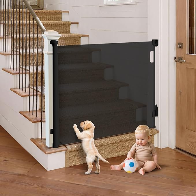 Retractable Baby Gate for Stairs, 71" Wide Mesh Pet Gate, Automatic Tension, One-Hand Operation, 38" Tall Baby Gates for Doorways, Hallways, Deck, Indoor Outdoor, Safe, Easy to Fit, Black