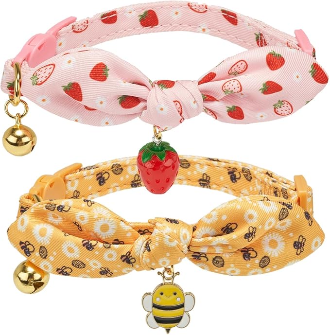 Bowtie Cat Collar with Bell 2 Pack Stylish Breakaway Kitten Collars with Removeable Bowknot,Yellow Bee & Pink Strawberry