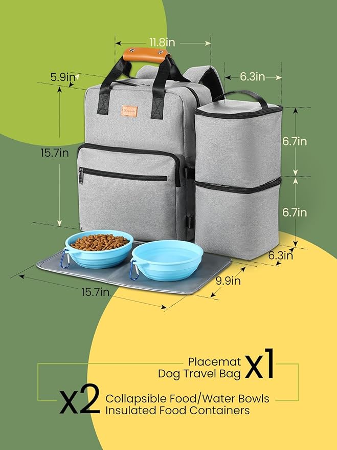 Dog Travel Bag All-in-One Set: DELOMO 25L Airline Approved Dog Travel Backpack with 2 Food Containers + 2 Collapsible Bowls + 1 Waterproof Mat for Weekend to Week-Long Pet Travel, Camping, Road Trips