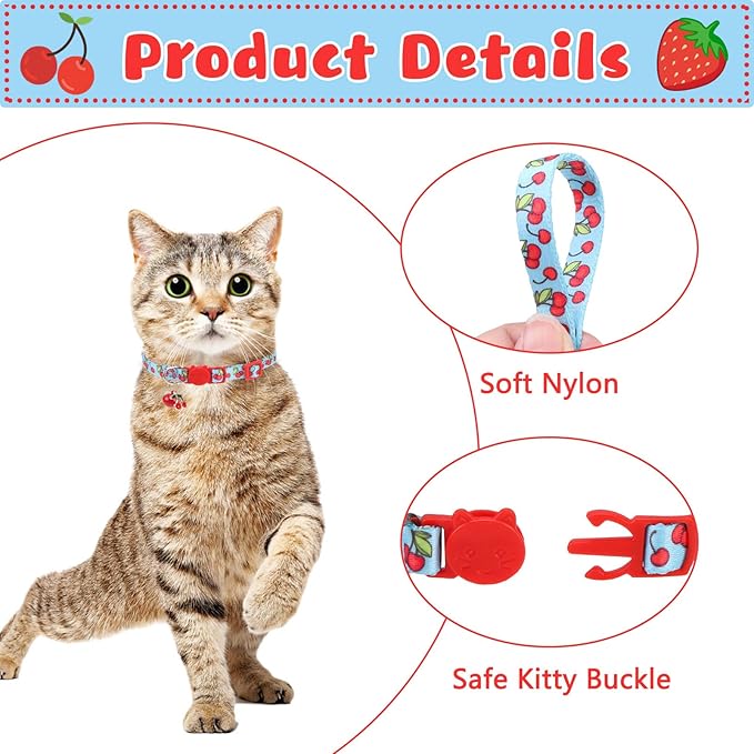 Breakaway Cat Collars with Bell & Cute Pendants, 3 Pack Safety Buckle Kitten Collars, Adjustable Pet Collar Ideal for Girl Boy Cats Puppy (Style A - New Fruit)