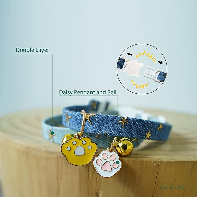 2 Pack Denim Breakaway Cat Collars with Bell Cat Paw Pendant Kitty Kitten Collars Blue Collar for Female Girl Cats Male Boy Cats Star Print