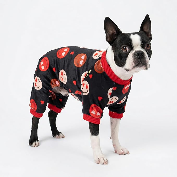 Fitwarm Hearts Eyes Smily Face Dog Pajamas, Cozy Valentines Outfit for Small Dogs Boy Girl, Festive Pet Clothes, Black, Red, XXL