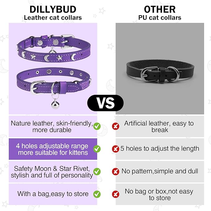 Leather Cat Collars for Boy Girl Cats with Bell and Safety Elastic Belt, Personalized Star and Moon Stud Adjustable Safe Buckle Collar for Kitty Small Big Cats Size 7-9 Inch, Purple