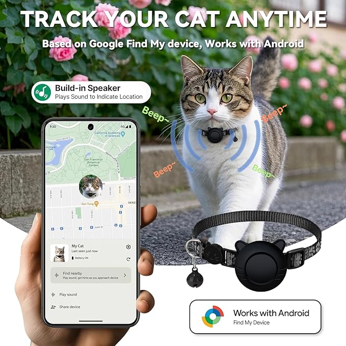 GPS Cat Collar Tracker – Bluetooth Pet Locator for Cats | Works with Android & Google Find My Device | Ideal for Pet Parents!