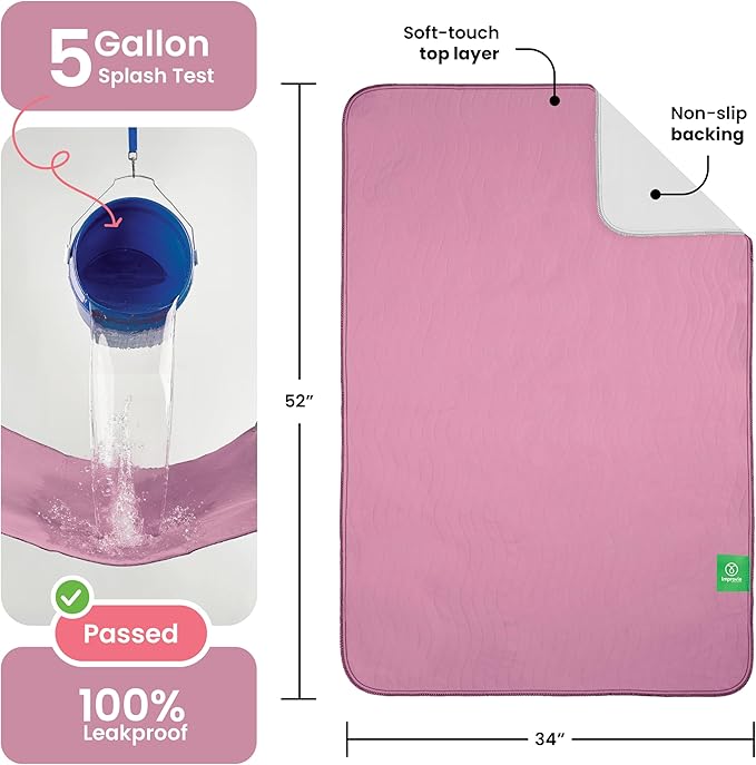 IMPROVIA® Washable Underpads, Heavy Absorbency Reusable Incontinence Pads for Kids, Adults, Elderly, and Pets, Waterproof Protection Floor (Pink and White, 34" x 52" - Pack of 2)