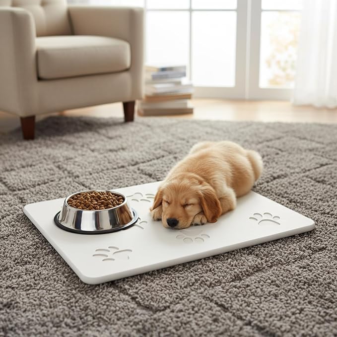 White Diatomaceous Earth Dog Bowl Mat (16x12 in) | Non-Slip Pet Food & Water Mat | Square Design with Cute Paw Prints for Medium Dogs, Quick Dry & Easy to Clean