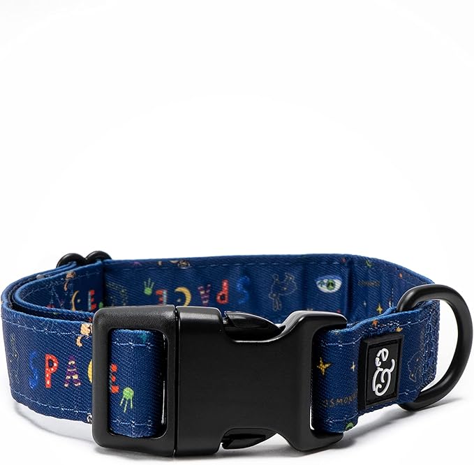 Lucy & Co. Space Doodle Dog Collar - Durable Lightweight Designer Collar for Pets - Adjustable Metal Safety Buckle - Navy Outerspace Icons - Medium