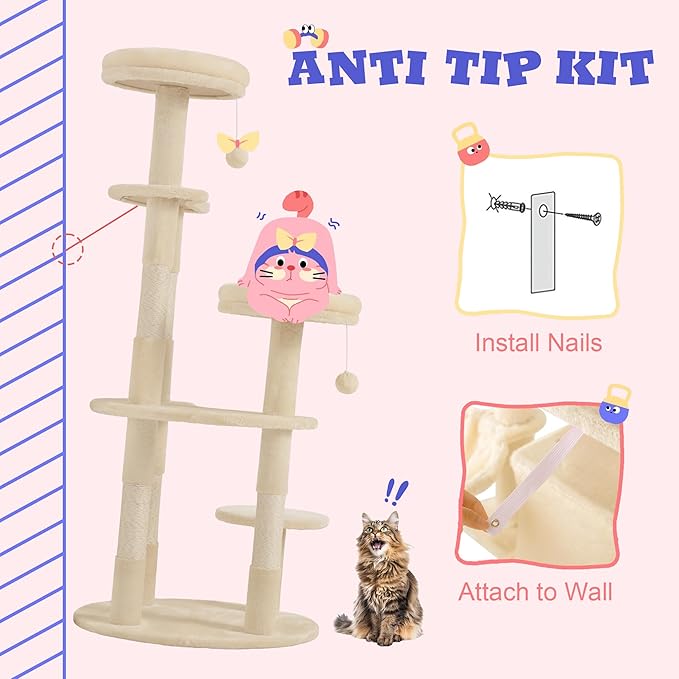 Allewie 55.5 in Cat Tree for Indoor Kitties/Soft Plush Perches/Multi-Level Cat Tower/Sisal Scratching Posts/Crescent Plates/Round Jumping Board/Hanging Ball/Pet Activity Center/Beige