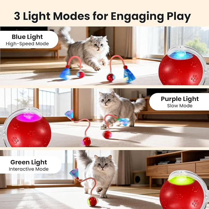 Rocfish Interactive Cat Toy for Indoor Cat, Smart Automatic Cat Chase Ball Toy (Red-N)