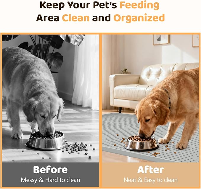 Silicone Cat & Dog Food Mat, 36" x 24" Large Pet Feeding Mat for Cats and Dogs Bowl, Pet Placemat for Food and Water with Raised Edge, Waterproof, Leakproof (Grey)