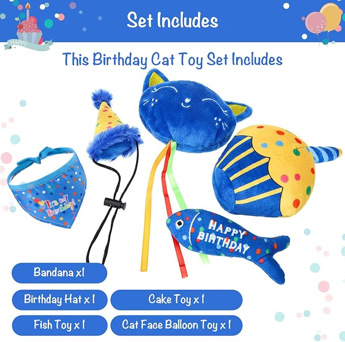 BINGPET Cat Birthday Catnip Toys for Indoor Cats, 5 Pcs Cat Birthday Gift Kitten Interactive Toy for Boy Girl Cats, Soft Plush Catmint Kitty Chew Kick Toy, Hat, Bandana, Balloon, Cake, Fish, Dark Blue