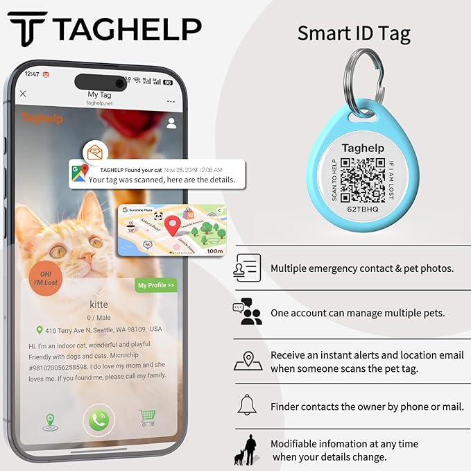 QR Code Cat ID Tag for Collar, Smart Pet ID with Online Profile, Instant Scan to Contact Owner & Location Email Alert, Silent Anti-Lost Cat Tag, No App or Subscription, Blue 1”