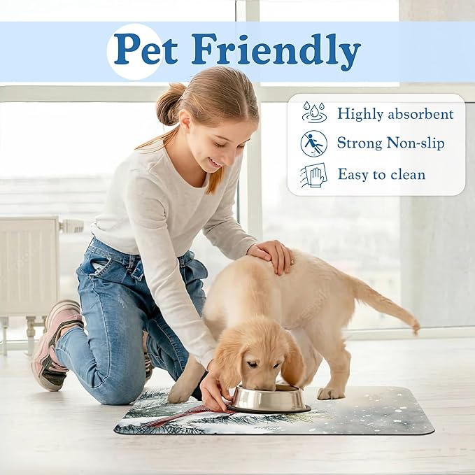Cardinal Bird Dog Food Mat–Chirstmas Snow Absorbent Quick Dry Feeding Placemat for Food and Water Bowls, Non Slip Rubber Backing, Waterproof Pet Supplies for Mess-Free Eating 12"x20"