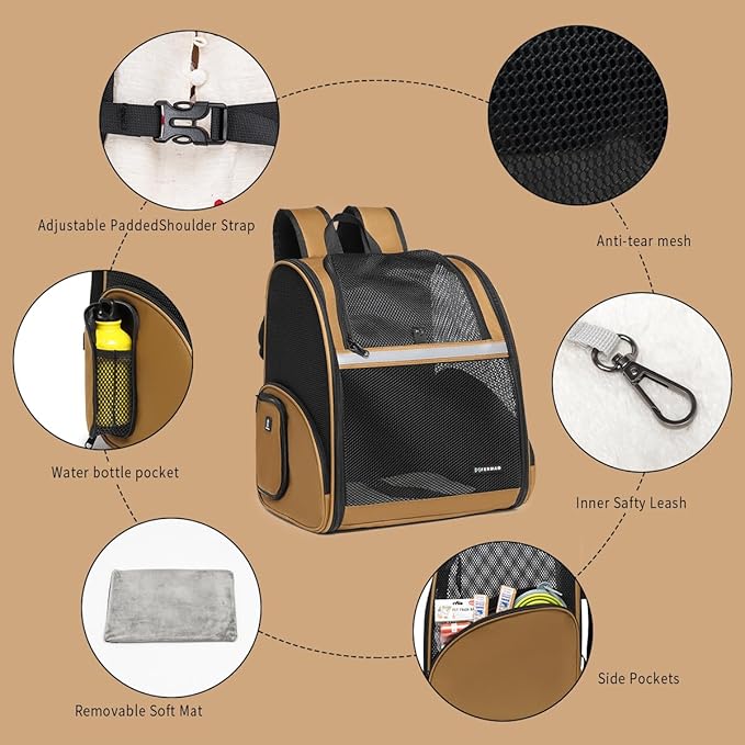 Cat Backpack Carrier for Small Dogs and Medium cat Puppy Kitten Bunny Pet Carrier Backpack Collapsible with Fully Ventilated Mesh with Safety Leash (Brown, 12.9" L x 10.62" W x 15.5" H - M)