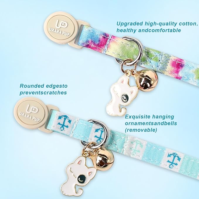 Cat Collar, 2 Pack Cat Collars Cute Breakaway Tiedye Cat Collar with Bell, Holiday Kitten Collars Summer Blue Grid Kitty Collar with Safety Buckle for Girl and Boy Cats