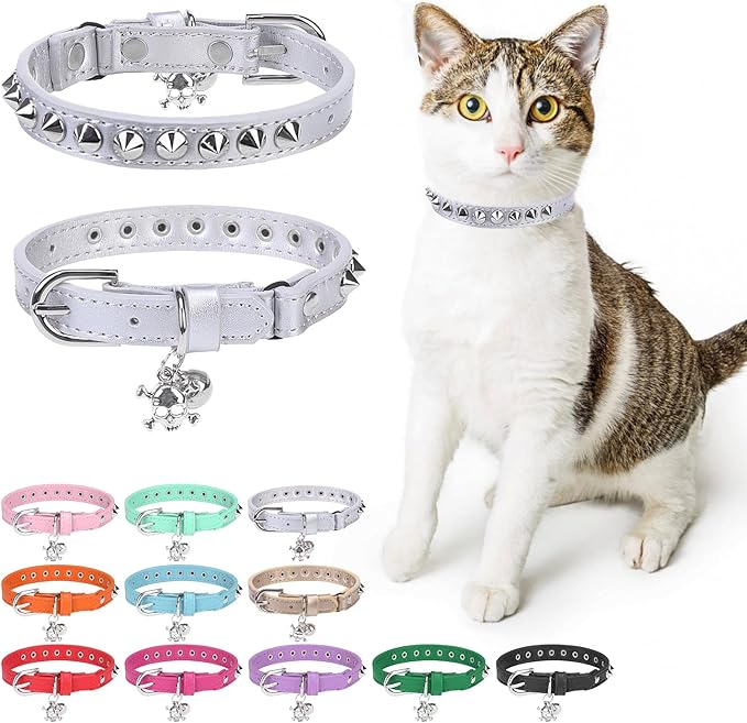 Leather Cat Collars for Boy Girl Cats with Bell and Safety Elastic Belt, Personalized Rivets Stud Adjustable Safe Buckle Collar with Skull Charm for Kitty Small Pets, Halloween Cat Collar