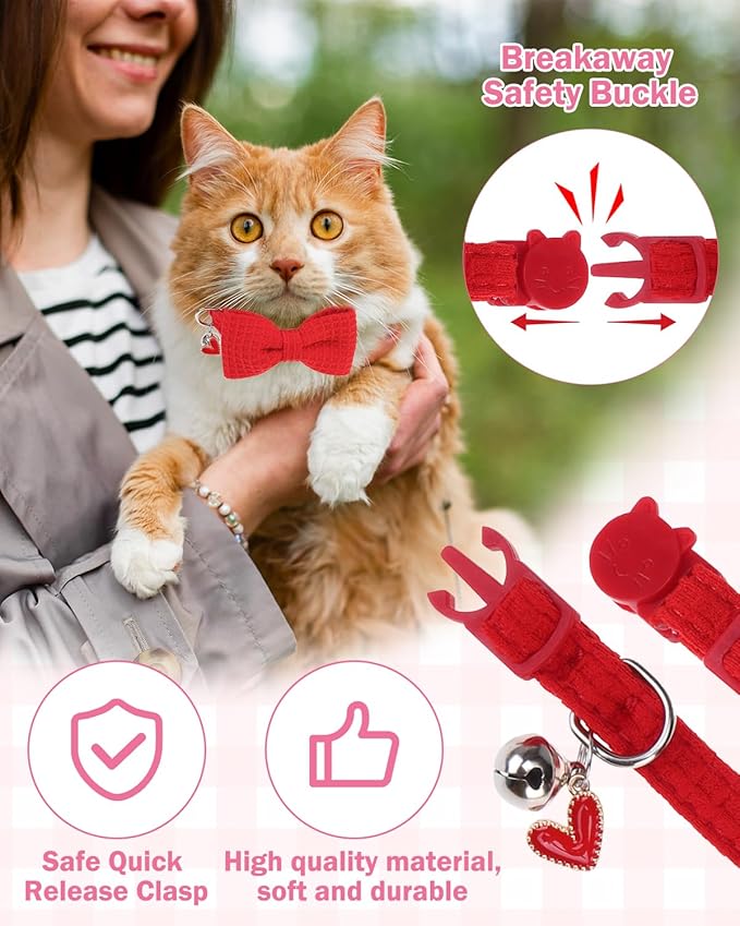 Cat Collar Breakaway with Bells, Soft Cotton Pink Cat Bowtie Collar for Girl Cats, Small Cats Collar with Bow for Spring Summer, 2 Pack Cute Kitten Collars with Removable Bowtie 8-12Inch
