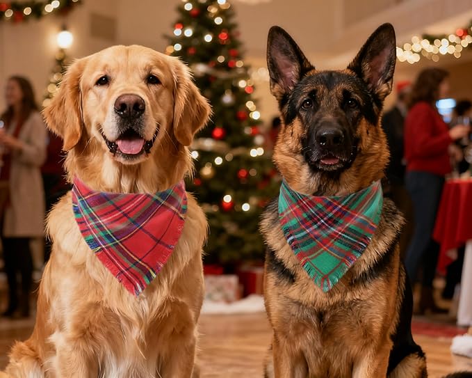 Christmas Dog Bandanas 2PCS-Large,Winter Classic Red Green Plaid Dog Scarf with Tassels Edges,Triangle Holiday Outfit for Boy and Girl Dogs,Pet Costumes for Medium to Large Dogs