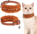 EXPAWLORER Leather Cat Collar - Adjustable Furry Pet Collar with Pearls and Gemstones for Girl Boy Cats, Elegant Plush Collar with Bell & Durable D-Ring, Brown