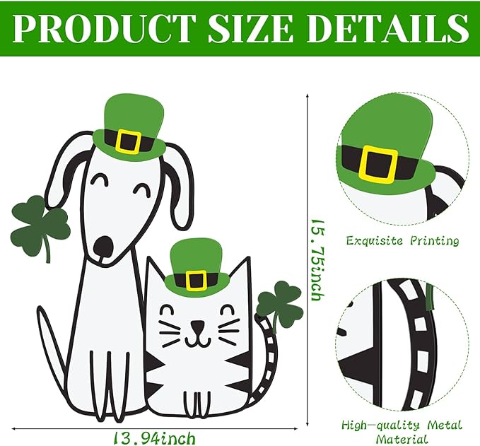 Fiwochic St Patrick's Dogs Cat Decorations Metal Shamrock Wall Art Irish Pet Hanging Signs Farmhouse Rustic Irish Clover Green Decor Gift for Front Door Porch Hallway Outdoor Garden 15.8 x 12 Inch
