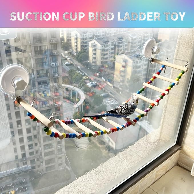 FlidRunest Suction Cup Wooden Bird Perch Stand Toy, Colorful Bird Parrot Ladder Bridge Toys for Window/Bath/Car, Climbing Ladder for Parrot, Lovebird, Parakeet, Budgie