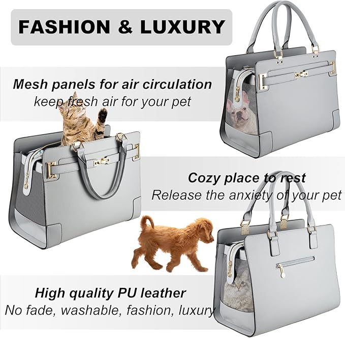 Fashion Dog Purse with Shoulder Strap, Holds Up to 7lbs Quality PU Leather Pet Carrier, Cat Carrier, Airline Approved Puppy Purse for Travel (Gray, Small Size)