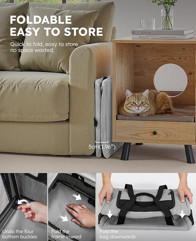 Pecute Cat Carrier Stable, Pet Carrier with Hidden Anxiety Relief Partition & Stable Steel Frame, Safe Cat Carrier for Car Travel, Soft-Sided Dog/Cat Carrier Bag for Pets Up to 11lbs, Gray